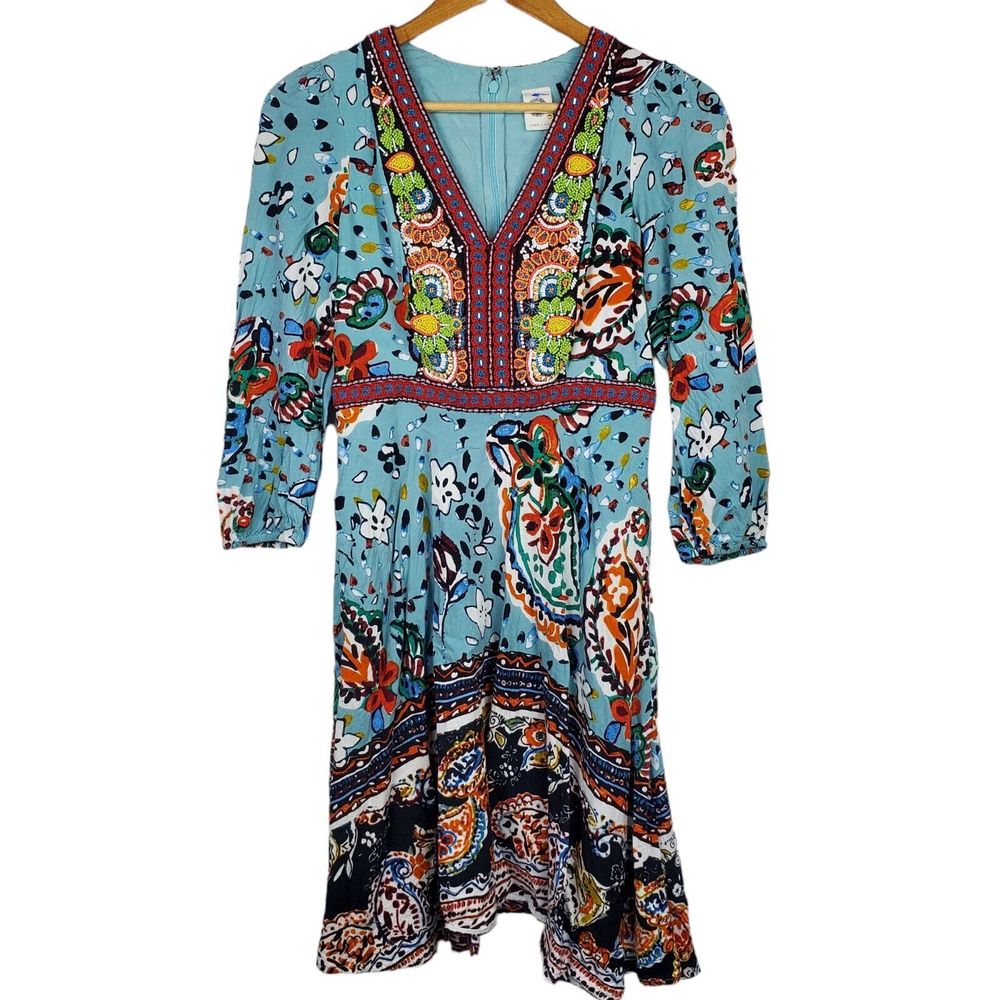 Akemi + Kin Anthropologie Blue Beaded Embroidered Floral Paisley Boho Dress Sz 2
